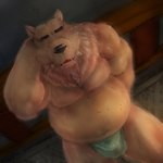 anthro belly black_nose brown_body brown_fur bulge clothing cute_fangs eyes_closed fangs fur kemono male moobs overweight overweight_male sitting solo teeth underwear laohu shirokuma_cafe grizzly_(shirokuma_cafe) bear brown_bear grizzly_bear mammal ursine 1:1 2021 hi_res