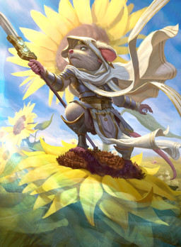 alternate_species anthro armor barefoot cloud day feet female flower fur grass holding_melee_weapon holding_object holding_weapon leaf looking_up melee_weapon on_flower outside plant plate_armor solo sunflower weapon whiskers white_body white_fur leonardo_santanna hasbro magic:_the_gathering wizards_of_the_coast elspeth_tirel mammal mouse murid murine rodent 2024 hi_res official_art