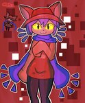 :3 ambiguous_gender anthro black_bottomwear black_clothing black_pants bottomwear chibi clothing ears_up pants pupils red_background scarf simple_background slit_pupils smile smiling_at_viewer solo demon3sigma oneshot niko_(oneshot) domestic_cat felid feline felis mammal hi_res