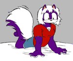 anthro bed belly blue_bottomwear blue_clothing blue_shorts bottomwear breasts cleavage clothed clothing female fur furniture grey_background hair heterochromia lying medium_breasts medium_hair on_front purple_body purple_fur red_clothing red_shirt red_topwear shirt shorts simple_background solo topwear white_belly white_hair white_sclera puzzler00m mike_and_melissa melissa_mouffette mammal mephitid skunk digital_media_(artwork) hi_res