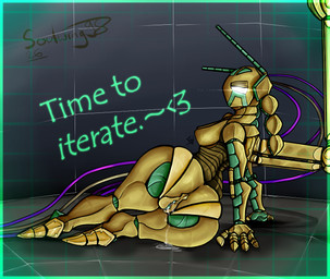 antennae_(anatomy) aroused butt butt_focus dialogue facial_markings female genitals gold_(metal) golden_body green_body green_vulva head_markings leaking_vagina lying machine markings nude on_side solo teasing teasing_viewer teasing_with_butt vulva white_eyes soulwing98 rain_world videocult fan_character golden_hysteria_(soulwing98) humanoid iterator_(rain_world) robot robot_humanoid digital_drawing_(artwork) digital_media_(artwork)