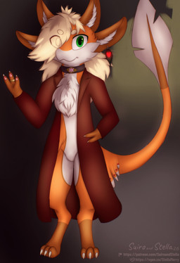 3_fingers 3_toes 4_ears anthro blonde_hair brown_body brown_feathers brown_fur chest_tuft claws cloak clothing feather_ear_ring feathered_wings feathers feet female fingers fur gesture green_eyes hair handpaw inner_ear_fluff long_hair looking_at_viewer messy_hair multi_ear orange_body orange_feathers orange_fur paws red_body red_feathers simple_background smile solo tail toes tuft waving white_body white_feathers white_fur winged_arms wings stellaamoris stella_(stellaamoris) avali demon absurd_res digital_media_(artwork) digital_painting_(artwork) hi_res painting_(artwork)
