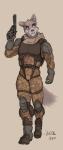 anthro armor body_armor boots breastplate camo clothing footwear gloves gun handgun handwear harness jumpsuit knee_pads military pistol ranged_weapon shoes shoulder_pads soldier solo uniform walking warrior weapon marsonaut burnt_earth beol canid canine canis mammal wolf digital_media_(artwork) hi_res