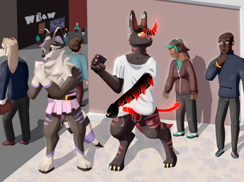anthro balls being_watched belt belt_buckle blood blue_bottomwear blue_clothing blue_eyes blue_pants blue_shirt blue_sweater blue_topwear blue_turtleneck bodily_fluids bottomless bottomless_anthro bottomless_male bottomwear bracelet bracelet_(marking) briefcase brown_body brown_bottomwear brown_clothing brown_eyes brown_footwear brown_fur brown_hair brown_pants brown_sclera brown_shoes brown_skin brown_sweater brown_topwear buckle cellphone claws clothed clothed_human clothing dark_body dark_skin digitigrade ear_piercing electronics exhibitionism female female_human fluffy fluffy_chest footwear fully_clothed fully_clothed_human fur gauged_ear genital_fluids genitals glans glowing glowing_balls glowing_genitalia glowing_glans glowing_horn glowing_penis gold_(metal) gold_bracelet gold_jewelry gradient_balls gradient_horn gradient_penis green_clothing green_eyes green_highlights green_shirt green_topwear grey_bottomwear grey_clothing grey_footwear grey_pants grey_shirt grey_shoes grey_topwear group hair headphones highlights_(coloring) holding_briefcase holding_cellphone holding_object holding_phone holding_smartphone horn jewelry light_body light_skin looking_at_another male male_human markings microskirt miniskirt multi_tail multicolored_clothing multicolored_footwear multicolored_shoes no_underwear nosebleed pale_skin pants penetration penile penis phone piercing pink_bottomwear pink_clothing pink_microskirt pink_skirt pink_vibrator pink_vulva pleated_skirt precum precum_string public public_erection public_exposure purple_highlights purple_markings red_clothing red_glans red_hair red_markings red_shirt red_tail red_topwear sex_toy sex_toy_in_vagina sex_toy_insertion shirt shoes skirt smartphone spade_tail spiked_penis spikes spikes_(anatomy) striped_markings striped_tail stripes sweater tail tail_markings tan_body tan_hair tan_skin topless topless_anthro topless_female topwear turtleneck unusual_anatomy vaginal vaginal_fluids vaginal_fluids_on_leg vaginal_penetration vibrator vibrator_controller vibrator_in_vagina vibrator_on_penis vulva white_bottomwear white_clothing white_pants white_paws white_shirt white_topwear yellow_claws yellow_sclera awsmgmer background_character invor_(awsmgmer) lidds_(dllgal) nameless_character canid canine demon fennec_fox fox human hybrid mammal orange_tabby procyonid raccoon true_fox absurd_res digital_drawing_(artwork) digital_media_(artwork) hi_res nonbinary_(lore)