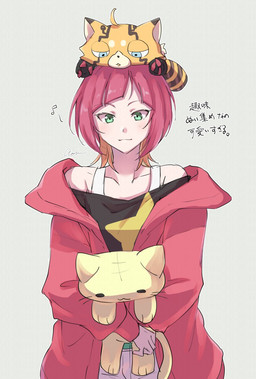 anthro cybernetics duo female fur green_eyes hair machine mechanical_arm orange_body orange_fur plushie red_hair striped_body striped_fur stripes aoinu bandai_namco digimon digimon_beatbreak reina_sakuya cyborg digimon_(species) human mammal pristimon hi_res