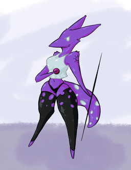 anthro anthrofied black_bottomwear black_clothing black_pants bottomwear clothed clothing female fur holding_object holding_weapon legwear looking_at_viewer markings melee_weapon pants polearm purple_body shirt simple_background solo spear stockings tail thigh_highs toony topwear weapon white_eyes alexleviafan rain_world videocult spearmaster_(rain_world) mammal slugcat digital_media_(artwork)