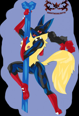 anthro black_body black_fur blue_body blue_fur breasts claws dancing fangs female fluffy fluffy_tail fur genitals multicolored_body multicolored_fur nipples open_mouth pole pole_dancing red_body red_eyes red_fur simple_background solo spikes tail teeth tongue tongue_out vulva knightmoonlight98 nintendo pokemon generation_6_pokemon mega_evolution mega_lucario pokemon_(species) hi_res
