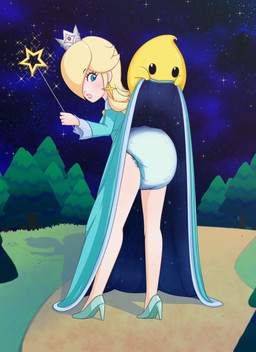 black_eyes blonde_hair blue_clothing blue_dress blue_eyes blush clothed clothing clothing_lift crown diaper dirt_path dress dress_lift duo ear_piercing female footwear forest forest_background grass hair hair_over_eye headgear high_heels nature nature_background piercing plant shoes sky space sparkles star star_wand starry_sky tree curranjustice mario_bros nintendo super_mario_galaxy rosalina_(mario) human luma mammal hi_res