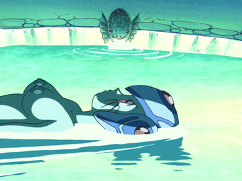 anime_style female floating_on_water headgear lying nipples nude nude_female on_back red_eyes solo swimming swimming_pool teal_body mobian_monster third-party_edit bandai_namco digimon digimon_frontier amphibian amphibian_humanoid animal_humanoid digimon_(species) frog_humanoid humanoid ranamon 4:3 screencap_edit