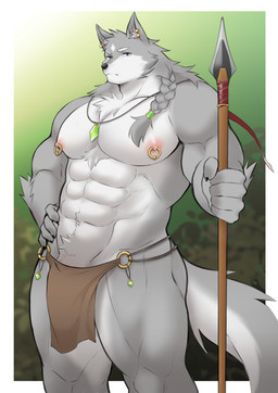 5_fingers abs anthro arm_tuft biceps big_bulge big_penis biped black_claws black_nose blue_eyes bottomwear braided_hair braided_ponytail brown_bottomwear brown_clothing brown_loincloth bulge cheek_tuft chest_tuft claws clothed clothing countershade_face countershade_fur countershade_legs countershade_neck countershade_tail countershade_torso countershading crotch_tuft ear_piercing ear_ring elbow_tuft facial_markings facial_tuft finger_claws fingers flaccid fluffy fluffy_tail forehead_markings front_view fur genitals grey_body grey_ears grey_fur grey_hair grey_inner_ear grey_tail hair hand_on_hip head_markings holding_melee_weapon holding_object holding_polearm holding_spear holding_weapon humanoid_hands inner_ear_fluff jewelry kemono loincloth loincloth_only long_hair looking_at_viewer male mane mane_hair markings melee_weapon monotone_hair multicolored_body multicolored_fur multicolored_tail muscular muscular_anthro muscular_male necklace nipple_piercing nipple_ring nipples pecs pendant penis penis_base piercing pink_nipples polearm ponytail pose quads ring_piercing skimpy snout solo spear standing tail three-quarter_view topless topless_anthro topless_male tribal tuft two_tone_body two_tone_fur two_tone_tail weapon white_body white_countershading white_fur white_inner_ear_fluff white_markings white_tail ioenami88 canid canine canis mammal wolf absurd_res colored digital_media_(artwork) hi_res pinup portrait shaded three-quarter_portrait