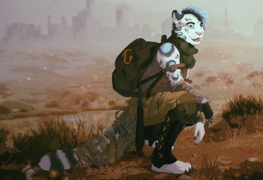 anthro backpack biped clothed clothing crouching field fully_clothed fur grass hair male open_mouth outside plant sky skyline snow snowing solo jeanwoof victory_(texdot) felid mammal pantherine snow_leopard