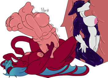 animal_genitalia animal_penis anthro areola balls big_breasts blue_hair breasts clenched_teeth cock_vore constellation_markings cosmic_fur duo equine_genitalia equine_penis erection eyes_closed female fur genitals gloves_(marking) gynomorph hair horn intersex intersex/female lying markings masturbating_pred masturbating_prey masturbation nipples nude on_back onomatopoeia open_mouth penile penis pink_penis pointed_tail prey_outline purple_body purple_fur red_body safe_vore simple_background sound_effects star tail teeth text vore white_body wings servo117 mythology rhiala tanti canid canine dragon fox mammal mythological_creature mythological_scalie scalie 11:8 2026 absurd_res colored digital_drawing_(artwork) digital_media_(artwork) hi_res widescreen