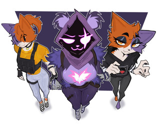 anthro clothed clothing ear_piercing ear_ring female flat_chested glowing glowing_eyes group hair high-angle_view hoodie looking_at_viewer looking_up looking_up_at_viewer noseless piercing ponytail ring_piercing simple_background topwear trio vest bat_bad epic_games fortnite cate_meowdy meow_skulls raven_team_leader bear domestic_cat felid feline felis mammal absurd_res hi_res