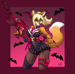 5_fingers anthro assault_rifle black_nose blonde_hair breasts clothed clothed_anthro clothed_female clothing costume female fingers fur gun hair halloween_costume holidays humanoid_hands orange_body orange_fur ranged_weapon rifle smile solo succubus_costume tail weapon white_body white_fur naaraskettu combat_cat_studio halloween wild_assault akai_hime_(wild_assault) canid canine fox mammal absurd_res hi_res