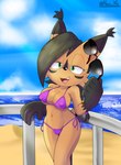 anthro beach bikini bikini_bottom bikini_top black_hair breasts brown_body brown_fur camel_toe clothed clothing eyewear female fingers fur hair holding_eyewear holding_object holding_sunglasses looking_at_viewer navel nipple_outline open_mouth outside sand sea seaside smile solo standing sunglasses swimwear tail topwear two-piece_swimsuit under_boob water neo_x6 archie_comics sega sonic_the_hedgehog_(archie) sonic_the_hedgehog_(comics) sonic_the_hedgehog_(series) nicole_the_lynx digital_creature felid feline lynx mammal digital_media_(artwork) hi_res