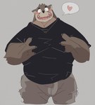 anthro blush bottomwear brown_body brown_fur clothing fur heart_symbol kemono male overweight overweight_anthro overweight_male pants shirt simple_background solo topwear dumdum canid canine canis domestic_dog mammal 2021 hi_res