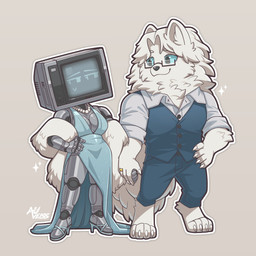 4_toes 5_fingers anthro arm_tuft big_breasts big_eyes biped black_eyes blue_bottomwear blue_clothing blue_dress blue_eyebrows blue_eyes blue_footwear blue_high_heels blue_pants blue_sclera blue_shirt blue_shoes blue_topwear bottomwear breasts button_(fastener) claws closed_smile clothed clothed_anthro clothed_female clothed_humanoid clothed_male clothing coat digitigrade dress duo eyebrows eyelashes feet female female_humanoid finger_claws fingers fluffy footwear for_a_head fully_clothed fully_clothed_anthro fully_clothed_male fur fur_tuft gem glistening glistening_body glistening_breasts glistening_clothing glistening_dress glistening_eyes grey_background grey_body grey_breasts hand_holding hand_on_hip hand_on_own_hip head_turned high_heels humanoid_hands husband husband_and_wife inner_ear_fluff iris jewelry light_body light_fur looking_at_another looking_at_partner machine male male/female male_anthro married_couple metallic_body monotone_background mouth_closed necklace no_pupils off_shoulder outline pants pearl_(gem) pearl_necklace pointy_ears pose prick_ears rolled_up_sleeves romantic romantic_couple screen screen_face shirt shoes simple_background simple_eyes smile smiling_at_another smiling_at_partner sparkles standing straight_legs text thick_thighs three-quarter_view toe_claws toes topwear tuft white_body white_claws white_clothing white_coat white_ears white_eyebrows white_fur white_inner_ear_fluff white_jewelry white_necklace white_outline white_topwear wife auveiss matthew_graceford_(auveiss) melissa_graceford_(auveiss) canid canine humanoid mammal object_head robot screen_head 2026 artist_name digital_drawing_(artwork) digital_media_(artwork) hi_res