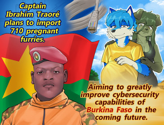 anthro beret blue_body blue_fur bodily_fluids brown_eyes burkina_faso camo camo_clothing camo_print cheek_tuft claws clothing cloud dark_body dark_skin ethernet_cable facial_hair facial_tuft female finger_claws flag flag_(object) fur goatee green_body green_fur group hand_on_belly hand_on_elbow hand_on_shoulder hat headgear headwear looking_at_belly looking_at_viewer male pattern_clothing pregnant pregnant_male red_beret shirt sky smile t-shirt tears text topwear trio tuft white_body white_fur yellow_clothing yellow_shirt yellow_t-shirt yellow_topwear fanteliscio ibrahim_traore canid canine canis domestic_dog fox human mammal 2026 digital_drawing_(artwork) digital_media_(artwork) english_text hi_res shaded
