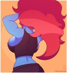 big_breasts bra breasts clothing female hair huge_breasts long_hair not_furry rear_view red_hair side_boob solo sports_bra torn_clothing underwear shoolmail undertale undertale_(series) undyne fish humanoid marine absurd_res hi_res