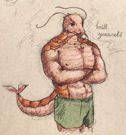 anthro big_muscles bottomwear clothed clothing crossed_arms dialogue green_eyes looking_at_viewer male male_anthro muscular muscular_anthro muscular_male open_mouth shorts solo tail text topless topless_anthro topless_male reynard_goodfellow aquatic arthropod crustacean shrimp english_text meme