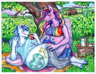 anthro apple basket bedding belly big_belly blanket blonde_hair blush both_pregnant bottomwear clothing container cutie_mark denim denim_bottomwear denim_clothing duo eye_contact female food fruit fur hair horn huge_belly jeans licking licking_lips looking_at_another looking_at_partner male multicolored_hair multiple_pregnancies mutual_pregnancy outdoor_background outside pants paternity_mark picnic picnic_basket pink_body pink_fur pink_hair plant pregnant pregnant_anthro pregnant_female pregnant_male purple_hair romantic romantic_ambiance romantic_couple tongue tongue_out tree white_body white_fur wings matokiro friendship_is_magic hasbro my_little_pony mythology princess_cadance_(mlp) shining_armor_(mlp) equid equine horse mammal mythological_creature mythological_equine pony unicorn winged_unicorn 2020 traditional_media_(artwork)