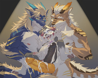 after_anal after_double_penetration after_sex anthro arm_tuft blep blue_body blue_horn blue_markings bodily_fluids chest_markings claws cum cum_drip cum_from_mouth cum_in_ass cum_in_mouth cum_inflation cum_inside cum_on_belly cum_on_body cum_on_own_penis cum_on_penis cum_on_self cum_through dipstick_horn dripping elbow_markings elbow_tuft eye_roll facial_markings fingering forehead_markings frenum_ladder frenum_piercing fucked_silly genital_fluids genital_piercing genitals gesture group group_sex hand_gesture head_markings horn humanoid_genitalia humanoid_penis inflation ladder_piercing looking_at_another looking_at_partner male male/male markings multicolored_horn navel nude one_eye_closed open_mouth open_smile penis penis_piercing piercing sex smile spiked_penis spikes spikes_(anatomy) toe_claws tongue tongue_out trio tuft v_sign young young_anthro wuyabottom mythology wuyabottom_(character) canid canine canis dragon mammal mythological_creature mythological_scalie scalie wolf hi_res