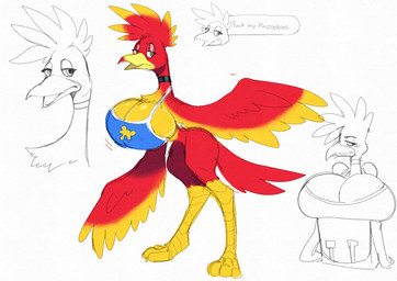 anthro backpack beak blush breasts choker clothing dialogue feathered_wings feathers feet female green_eyes jewelry necklace nipple_outline red_body red_feathers simple_background smile solo talons text toes topwear white_background wings scarfyace banjo-kazooie rareware kazooie avian bird breegull 2025 absurd_res digital_media_(artwork) english_text hi_res