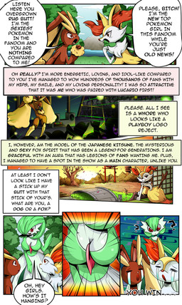 3_fingers :o ambiguous_anthro ambiguous_gender angry anthro argument arm_tuft big_breasts big_tail black_body bodily_fluids breasts brown_body cheek_tuft chest_tuft cleavage clothed clothing crying cute_fangs detailed_background dialogue dipstick_tail duo_focus electronics eyes_closed facial_tuft fangs female female_humanoid fingers flat_chested fluffy fluffy_tail forest forest_background front_view fur furrowed_eyebrows green_body group hip_tuft holding_microphone holding_object inner_ear_fluff looking_at_viewer looking_back looking_back_at_viewer markings microphone multicolored_body multicolored_fur nature nature_background nude nude_ambiguous nude_anthro nude_female nude_humanoid object_in_tail on_model open_mouth orange_body orange_eyes orange_fur orange_inner_ear_fluff orange_nose orange_tail_tip outside pink_nose plant pointy_ears prick_ears profanity pseudo_clothing question_mark red_eyes shoulder_tuft side_view speaker stage standing stick stick_in_tail tail tail_markings tapering_snout tears teeth text tongue torii tree trio tuft two_tone_tail white_body white_fur yellow_body yellow_fur yellow_tail rated-r-ponystar nintendo pokemon braixen canid gardevoir generation_3_pokemon generation_4_pokemon generation_6_pokemon humanoid lagomorph lopunny mammal pokemon_(species) absurd_res colored comic digital_drawing_(artwork) digital_media_(artwork) english_text hi_res one_page_comic shaded female_(lore)