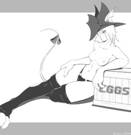 accessory anthro biped bow_(feature) bow_accessory bow_ribbon breasts claws clothed clothing crate female footwear front_view furgonomics hat headgear headwear leaning legwear long_tail looking_at_viewer lying navel nipples on_side panties ribbons simple_background socks solo tail tail_accessory tail_bow tail_ribbon thigh_highs toe_claws toeless_footwear toeless_legwear toeless_socks topless underwear white_background conditional_dnp scappo final_fantasy final_fantasy_ix square_enix freya_crescent burmecian mammal rodent 2009 monochrome