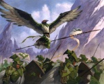 abzan anthro armor army atmospheric_perspective beak cloud feathered_wings feathers feet flag flying group melee_weapon military mountain polearm prehensile_feet side_view soldier spear spread_wings tail tail_feathers toes warrior weapon winged_arms wings christopher_moeller hasbro magic:_the_gathering wizards_of_the_coast aven avian human mammal official_art restricted_palette signature traditional_media_(artwork)