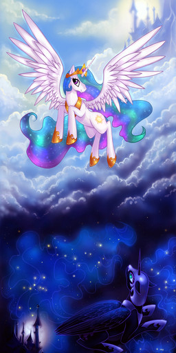 black_body black_skin blue_eyes castle cloud crown cutie_mark day duo feathered_wings feathers female feral flying hair headgear horn long_hair long_tail multicolored_hair night outside princess purple_eyes royalty sky sun tail white_body white_skin wings limrei friendship_is_magic hasbro my_little_pony mythology nightmare_moon_(mlp) princess_celestia_(mlp) equid equine mammal mythological_creature mythological_equine winged_unicorn absurd_res hi_res sibling_(lore) sister_(lore) sisters_(lore)