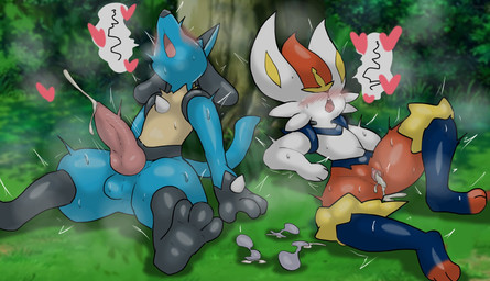 3_toes after_sex animal_genitalia animal_penis anthro balls blue_body blue_fur blush bodily_fluids canine_genitalia canine_penis chest_spike condom cum cum_in_vagina cum_inside detailed_background duo ejaculation feet female forest fur fur_markings genital_fluids genitals gloves_(marking) hand_spike heart_symbol knot male male/female markings open_mouth outside penis plant sexual_barrier_device spikes spikes_(anatomy) tail toes tree vulva white_body white_fur enigi09 nintendo pokemon cinderace generation_4_pokemon generation_8_pokemon lucario pokemon_(species) hi_res redraw