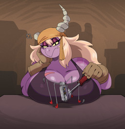 annoyed anthro big_breasts blonde_hair breast_rest breasts brown_body cleavage clothed clothing eyelashes female fingers furniture gloves hair handwear horn huge_breasts non-mammal_breasts pupils purple_body scar screwdriver solo table tools sssonic2 mythology cass_(simplifypm) dragon mythological_creature mythological_scalie scalie hi_res