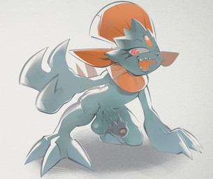 anthro balls big_penis claws forehead_gem foreskin fur gem genitals grey_background grey_body grey_fur humanoid_genitalia humanoid_penis looking_at_viewer male nude_male open_mouth penis pose red_eyes sharp_teeth simple_background smile solo spiked_penis spikes spikes_(anatomy) teeth darkluxia nintendo pokemon generation_4_pokemon pokemon_(species) weavile hi_res