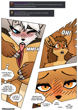 anal anal_fingering anthro anthro_on_anthro blue_eyes blush blush_lines border brown_body brown_eyes brown_fur brown_hair butt clitoris clothing cunnilingus duo female female/female fingering fingering_partner fluffy fur genitals gloves gloves_only grey_body grey_fur hair handwear handwear_only inside long_hair looking_down moan mostly_nude nude nude_anthro nude_female oral profanity sex smile speech_bubble spread_legs spreading tail text tongue tongue_out vaginal vulva white_border white_hair thecumrat koshra sylvia_(thecumrat) canid canine felid feline fox mammal absurd_res comic english_text hi_res story