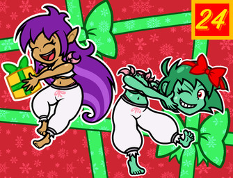 5_fingers 5_toes barefoot bent_leg bottomwear box breasts brown_body brown_skin christmas_gift cleavage clothed clothed_female clothed_humanoid clothing container crop_top detachable detachable_head duo eyebrows eyelashes eyes_closed feet female female_humanoid fingers fully_clothed fully_clothed_female fully_clothed_humanoid gift gift_box green_body green_bow green_eyebrows green_hair green_skin hair happy holding_gift holding_object holding_own_head holidays humanoid_pointy_ears light long_hair medium_breasts midriff multicolored_hair navel not_furry one_eye_closed outline pants pink_clothing pink_underwear pointy_ears purple_eyebrows red_bow red_eyes shirt short_hair small_nose smile smiling_at_another snowflake_background text_box toes topwear two_tone_hair under_boob underwear white_bottomwear white_clothing white_crop_top white_outline white_pants white_topwear captainquack64 christmas shantae_(series) wayforward rottytops shantae genie humanoid hybrid undead zombie 2023 colored digital_drawing_(artwork) digital_media_(artwork) english_description hi_res lighting signature