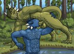 4_toes abs anthro balls biceps big_balls blue_body blue_eyes blue_scales butt butt_grab duo erection feet fellatio forest genitals glistening glistening_balls glistening_body glistening_genitalia glistening_penis green_balls green_penis hand_on_butt horn humanoid_genitalia humanoid_penis looking_pleasured male male/male muscular muscular_anthro muscular_male nature nature_background nude nude_anthro nude_male oral oral_penetration outside pecs penetration penile penis plant scales sex spikes tail toes tree vein veiny_penis wet tall_lizzard_(artist) bethesda_game_studios microsoft the_elder_scrolls shen_(archshen) tristen argonian reptile scalie