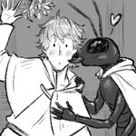 anthro blush cape carapace clothing compound_eyes duo emoji kissing_cheek male male/male mistletoe plant artsynada the_wandering_inn ant antinium arthropod human hymenopteran insect mammal 1:1 black_and_white low_res monochrome