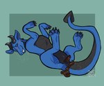 alenn black_body blue_body blush dragon feces feral hi_res horn lying mythological_creature mythological_scalie mythology on_back outh0use pawpads paws pooping pooping_on_floor pooping_on_self scalie solo