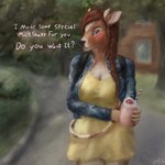 anthro beverage blush braided_hair breasts brown_body brown_fur brown_hair clothed clothing dialogue dress female fur hair holding_object horn jacket long_hair looking_at_viewer milkshake nervous offering_to_viewer outside solo standing text topwear hootingfish bovid bovine cattle mammal 1:1 digital_media_(artwork) english_text hi_res