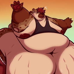 anthro belly belly_overhang big_belly bodily_fluids brown_body brown_fur brown_hair chubby_cheeks claws clothed clothing double_chin ear_piercing ear_ring ear_stud fat_arms fat_rolls flying_sweatdrops fur hair huge_belly love_handles male markings moobs morbidly_obese morbidly_obese_anthro morbidly_obese_male navel nipples obese obese_anthro obese_male open_mouth overweight overweight_anthro overweight_male piercing ring_piercing solo spots spotted_body spotted_fur stretch_marks struggling sweat sweatdrop wide_hips reppu hyena mammal spotted_hyena 1:1 hi_res