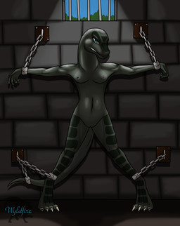 anthro bdsm bondage bound breasts captured chain dungeon female genitals nipples non-mammal_breasts non-mammal_nipples nude solo submissive submissive_female tail vulva wyldfire7 myst_(fr0stbit3) lizard reptile scalie absurd_res hi_res