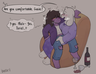 2_horns 3_toes 4_toes adolescent adolescent_anthro adult_on_adolescent adult_on_young age_difference alcohol anthro anthro_fingered anthro_fingering anthro_fingering_anthro anthro_on_anthro barefoot beverage big_breasts black_eyebrows black_eyes black_text blue_bottomwear blue_clothing blue_jeans blue_pants blush blush_lines bottomwear breasts breath brown_hair bubble chair clenched_teeth clothed clothed_anthro clothed_female clothed_sex clothing container cradle_position cradling cup denim denim_bottomwear denim_clothing dialogue dominant dominant_female dress drinking_glass drunk drunk_bubble drunk_sex eye_contact eyebrows eyewear feet female female/female female_adolescent female_anthro female_fingered female_fingering female_fingering_female fingering fingering_partner fingers flat_chested floppy_ears furniture gentle_femdom glass glass_container glass_cup glasses grey_background gripping_chair hair half-closed_eyes heart_after_text heart_eyes heart_symbol horn interspecies jacket jeans long_ears long_hair looking_at_another looking_at_partner looking_pleasured lop_ears midriff moan musical_symbol narrowed_eyes navel non-mammal_hair non-mammal_navel obscured_fingering obscured_vaginal older_female on_chair on_lap open_mouth open_smile pants plantigrade purple_body purple_clothing purple_dress purple_jacket purple_topwear sex shirt short_horn simple_background sitting sitting_on_another sitting_on_chair sitting_on_lap small_horn smile smiling_at_another smiling_at_partner speech_bubble submissive submissive_female substance_intoxication symbol talking_to_another talking_to_partner teeth text toes topwear torn_bottomwear torn_clothing torn_jeans torn_pants underage_drinking undershirt vaginal vaginal_fingering wavy_speech_bubble wearing_glasses white_body white_clothing white_horn white_sclera white_shirt white_topwear wine wine_bottle wine_glass yellow_sclera young young_anthro young_female younger_female younger_fingered beetleevil deltarune mythology undertale_(series) susie_(deltarune) toriel boss_monster_(undertale) bovid caprine dragon goat mammal mythological_creature mythological_scalie scalie artist_name english_text