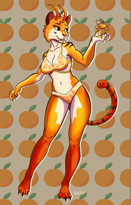 3_toes 5_fingers anthro atom belly bikini breasts claws clothing digitigrade energy fangs feet female finger_claws fingers food fruit fur glowing holding_object horn looking_at_viewer navel orange_(fruit) orange_body orange_fur orb pattern_background pattern_clothing pattern_swimwear plant sabertooth_(anatomy) simple_background solo standing stripes swimwear teeth thick_thighs toe_claws toes two-piece_swimsuit white_belly white_body white_fur yellow_eyes taikat citrus chimera elemental_creature felid feline flora_fauna food_creature living_fruit mammal pantherine tiger full-length_portrait hi_res portrait