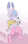 anthro bendy_straw beverage blue_body blue_fur bulge chubby_girly clothed clothing collarbone crossdressing drinking_straw femboy fur hair leggings legwear looking_at_viewer male narrowed_eyes navel no_shoes panties pink_clothing pink_leggings pink_panties pink_underwear purple_eyes raised_clothing raised_sweater raised_topwear sitting slightly_chubby slightly_chubby_anthro slightly_chubby_male smile smiling_at_viewer solo sparkles sprinkles sweater teal_hair topwear underwear y2k_(fashion) yellow_clothing yellow_sweater yellow_topwear submarine_screw aggretsuko hello_kitty_(series) sanrio tadano_(aggretsuko) asinus donkey equid equine mammal hi_res