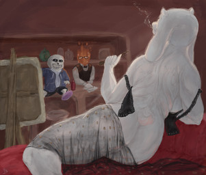 anthro bar bartender bone eyewear female fire glasses group male nude_modelling paint pose skeleton slightly_chubby slightly_chubby_female smoking tail trio white_body cxsite undertale undertale_(series) grillby sans_(undertale) toriel bovid caprine elemental_creature elemental_humanoid fire_creature fire_humanoid goat humanoid mammal absurd_res hi_res
