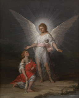 ambiguous_gender blonde_hair clothed clothing detailed_background duo feral hair halo not_furry realistic robe wings francisco_goya tobias_and_the_angel_(goya) angel angel_humanoid aquatic fish human humanoid mammal winged_humanoid 1787 18th_century absurd_res ancient_art formal_art hi_res oil_painting_(artwork) painting_(artwork) traditional_media_(artwork) traditional_painting_(artwork)