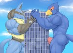 anthro avian beak big_pecs big_penis bird blue_body blue_fur building building_penetrated building_sex canid canine double_penetration duo erection falco_lombardi fur generation_4_pokemon genitals hi_res humanoid_genitalia humanoid_penis led_owo lucario macro male male_penetrating mammal muscular muscular_male nintendo pecs penetration penis pokemon pokemon_(species) spines star_fox