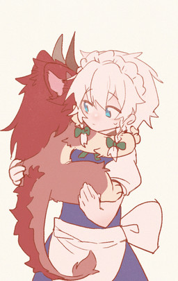blue_eyes clothing duo female feral fur hair hug maid_uniform red_body red_fur safe_nudity uniform white_hair zibao999 mythology touhou hong_meiling sakuya_izayoi dragon eastern_dragon human mammal mythological_creature mythological_scalie scalie 2021 hi_res