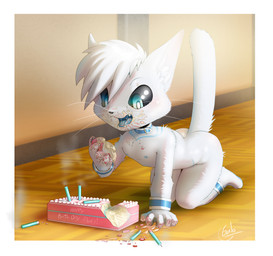 all_fours ambiguous_gender anklet anthro areola biped birthday birthday_cake black_nose black_sclera blue_eyes bracelet cake collar dessert eyebrows flat_chested food fur hair holding_food holding_object inside jewelry looking_at_food looking_at_object messy_eater mostly_nude nipples open_mouth short_hair solo teeth text tongue whiskers white_body white_fur white_hair young young_ambiguous young_anthro galo floofy_(character) domestic_cat felid feline felis mammal 2025 absurd_res english_text hi_res